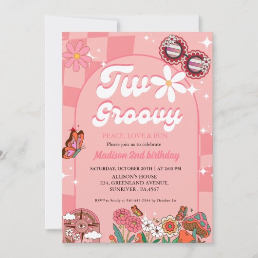 2つの溝のデイジー花レトロGroovy 2番目の誕生日 招待状 (正面)