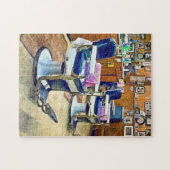 2つの理容師チェアとピンクのストライプの理容師キャップ ジグソーパズル (横)