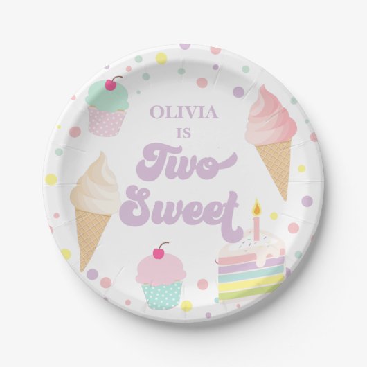 2つの甘いアイスクリームとケーキ2nd誕生日 ペーパープレート (正面)