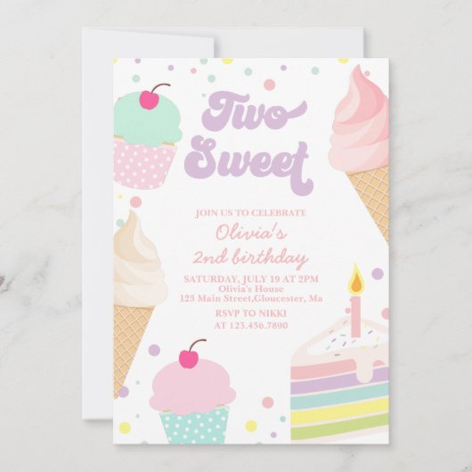 2つの甘いアイスクリームとケーキ2nd誕生日 招待状 (正面)