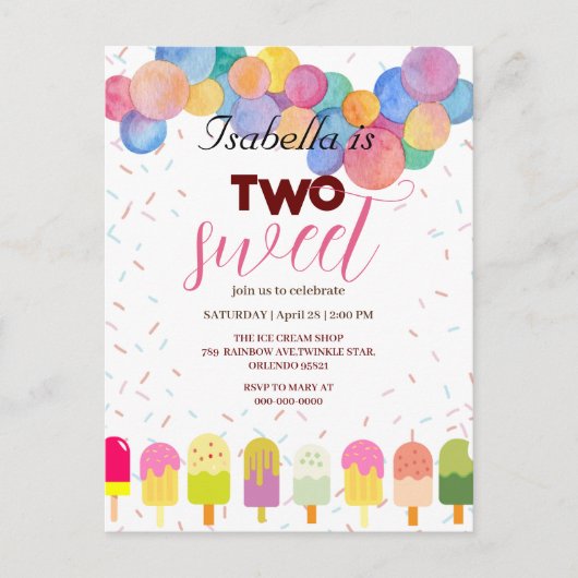 2つの甘いアイスクリームとポップシクル2nd誕生日ガール ポストカード (正面)