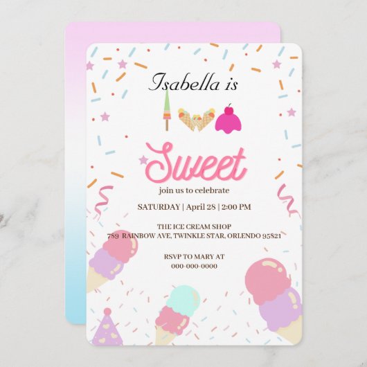 2つの甘いアイスクリームと振りかける2ndバースデーガール 招待状 (正面/裏面)