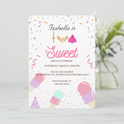 2つの甘いアイスクリームと振りかける2ndバースデーガール 招待状 (スタンド正面)
