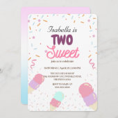 2つの甘いアイスクリームと振りかける2ndバースデーガール 招待状 (正面/裏面)