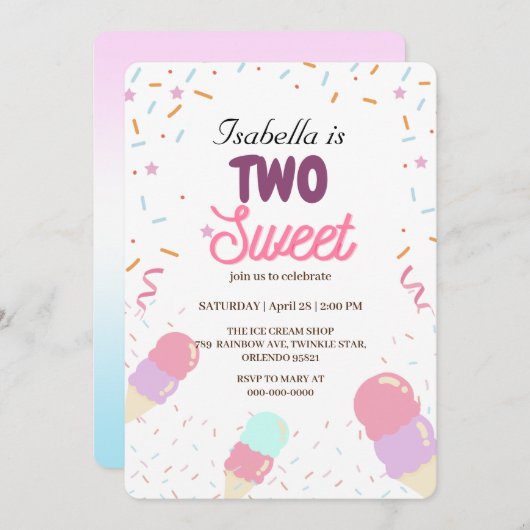 2つの甘いアイスクリームと振りかける2ndバースデーガール 招待状 (正面/裏面)