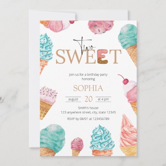 2つの甘いアイスクリーム最初の誕生日パーティーガール 招待状 (正面)