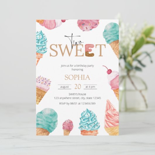 2つの甘いアイスクリーム最初の誕生日パーティーガール 招待状 (スタンド正面)