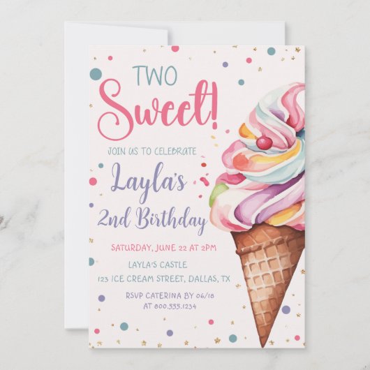 2つの甘いアイスクリーム2nd誕生日 招待状 (正面)