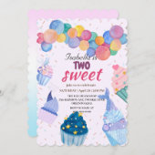 2つの甘いカップケーキとマーメイド2nd誕生日ガール 招待状 (正面/裏面)