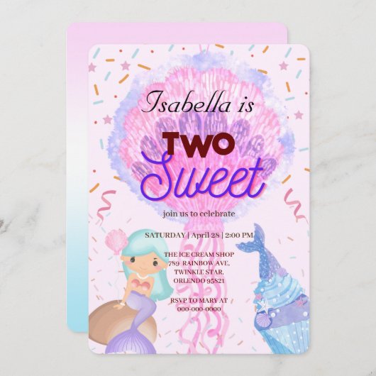2つの甘いカップケーキとマーメイド2nd誕生日ガール 招待状 (正面/裏面)