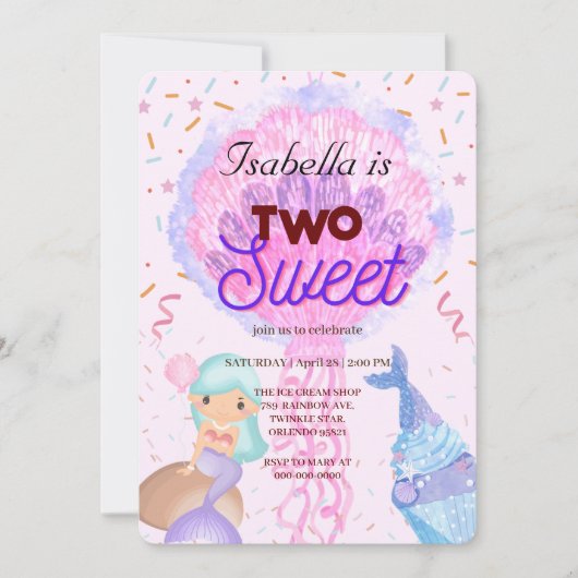 2つの甘いカップケーキとマーメイド2nd誕生日ガール 招待状 (正面)