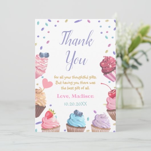 2つの甘いカップケーキ第2誕生日キャンディパーティー サンキューカード (スタンド正面)
