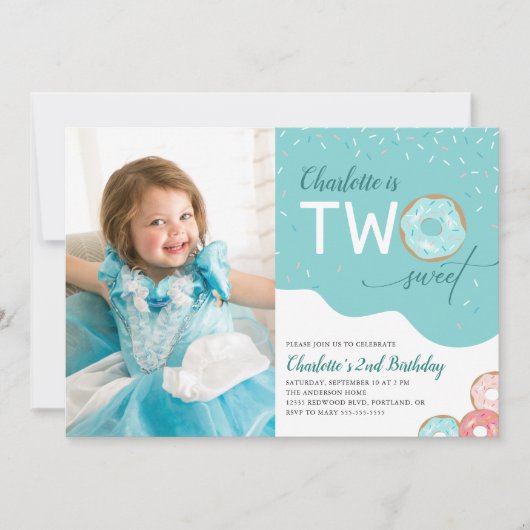 2つの甘いティール（緑がかった色）ガールズ2ndバースデーフォト招待状 招待状 (正面)