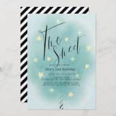 2つの甘いティール(緑がかった色)コットンキャンディーボーイ2nd誕生日 招待状 (正面/裏面)