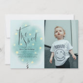 2つの甘いティール（緑がかった色）コットンキャンディ2nd誕生日の写真 招待状 (正面)