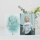 2つの甘いティール（緑がかった色）コットンキャンディ2nd誕生日の写真 招待状 (スタンド正面)