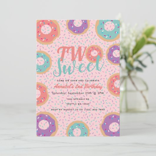 2つの甘いドーナツの子供の誕生日招待状 招待状 (スタンド正面)