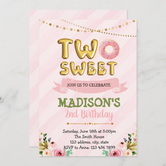2つの甘いドーナツの誕生日の招待 招待状 (正面/裏面)