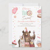 2つの甘いパーティー動物ドーナツガール第2誕生日 招待状 (正面)