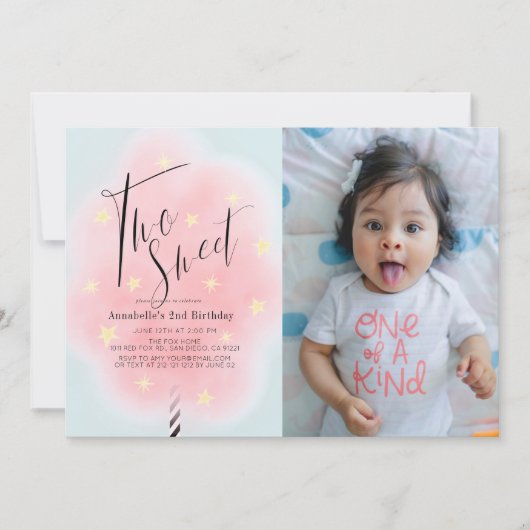 2つの甘いピンクのコットンキャンディ2nd誕生日の写真 招待状 (正面)