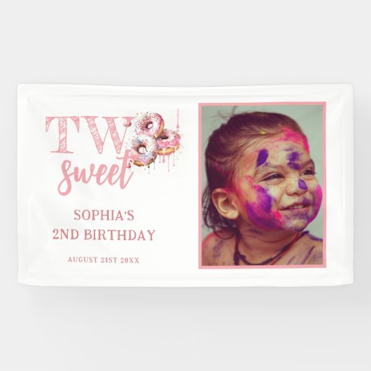 2つの甘いピンクのドーナツのフォトガール2nd誕生日 横断幕 (横)