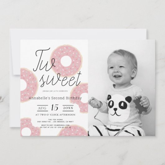 2つの甘いピンクのドーナツの女の子の写真2番目の誕生日 招待状 (正面)