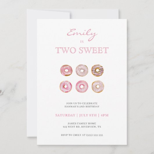 2つの甘いピンクのドーナツ写真2番目の誕生日 招待状 (正面)