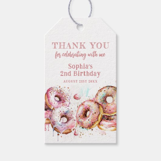 2つの甘いピンクのドーナツ女の子2nd誕生日ありがとう ギフトタグ (正面)