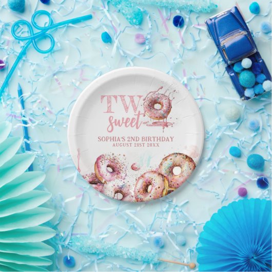 2つの甘いピンクドーナツ女の子2nd誕生日 ペーパープレート (パーティー)