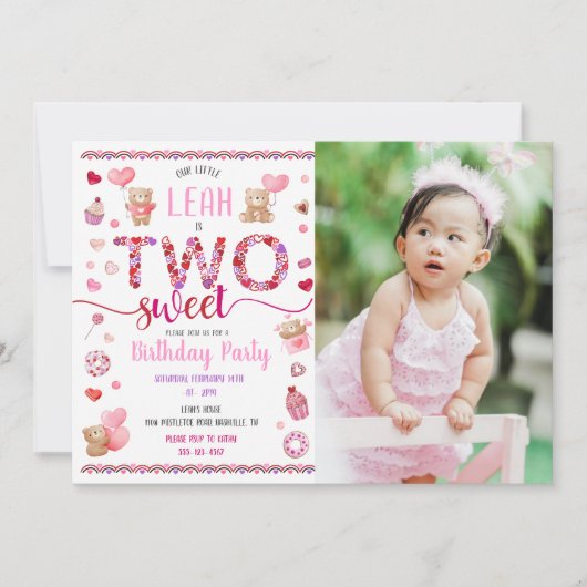 2つの甘いピンク2nd誕生日バレンタインデーの写真 招待状 (正面)
