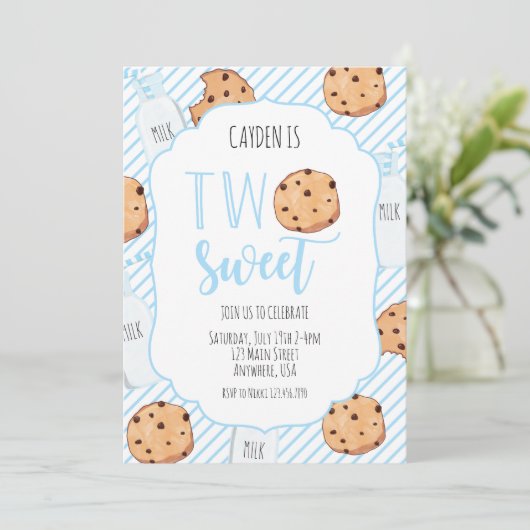 2つの甘いミルクとクッキー青い男の子2nd誕生日 招待状 (スタンド正面)