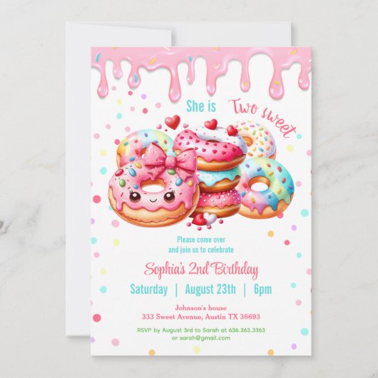 2つの甘い可愛いドーナツのピンクの女の子2nd誕生日 招待状 (正面)