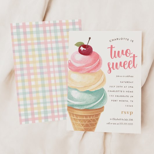 2つの甘い女の子アイスクリーム2nd誕生日 招待状
