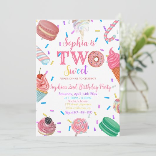 2つの甘い女の子ドナッツピンクのデザート2nd誕生日 招待状 (スタンド正面)