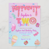 2つの甘い女の子ドナッツピンクキャンディ2nd誕生日 招待状 (正面/裏面)