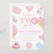2つの甘い女の子ドーナッツパステルピンク2nd誕生日インビ 招待状 (正面/裏面)