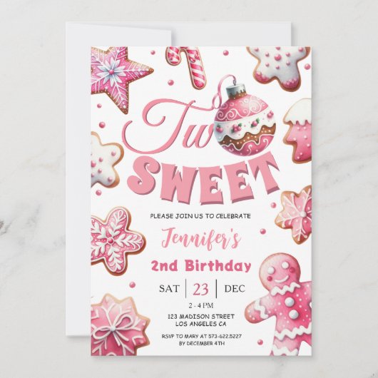 2つの甘い女の子ピンクのクッキーのクリスマス2番目の誕生日 招待状 (正面)