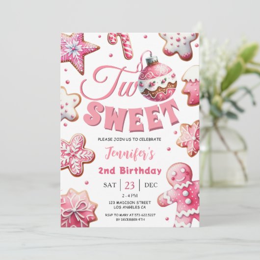 2つの甘い女の子ピンクのクッキーのクリスマス2番目の誕生日 招待状 (スタンド正面)