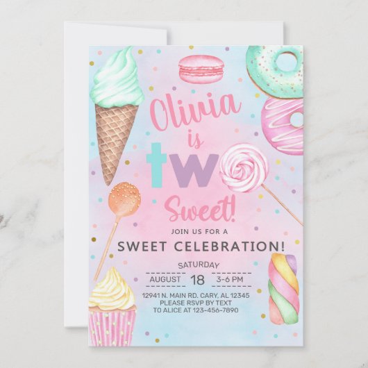 2つの甘い女の子2番目、2番目の誕生日の招待。 招待状 (正面)