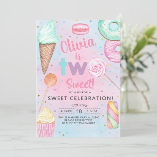 2つの甘い女の子2番目、2番目の誕生日の招待。 招待状 (スタンド正面)