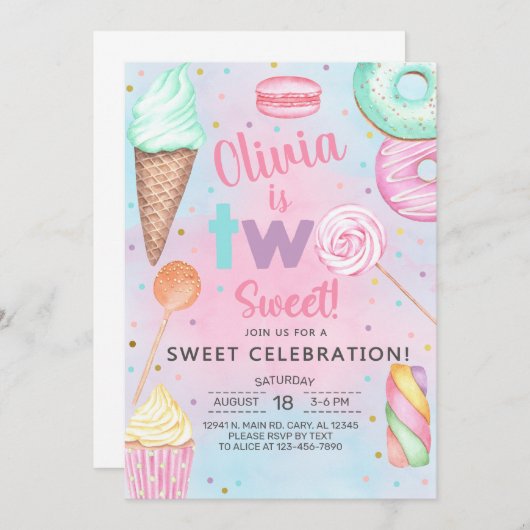 2つの甘い女の子2番目、2番目の誕生日の招待。 招待状 (正面/裏面)