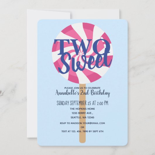 2つの甘い棒つきキャンデーかわいいキッズセカンド誕生日 招待状 (正面)
