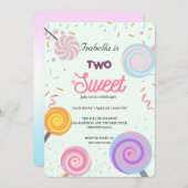 2つの甘い棒つきキャンデーと振りかける2ndバースデーガール 招待状 (正面/裏面)