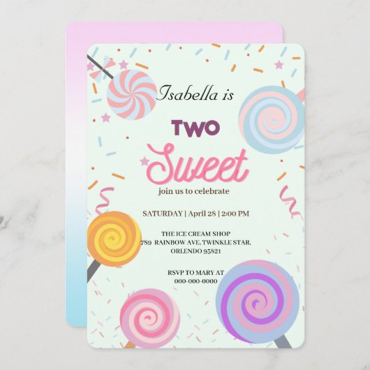 2つの甘い棒つきキャンデーと振りかける2ndバースデーガール 招待状 (正面/裏面)