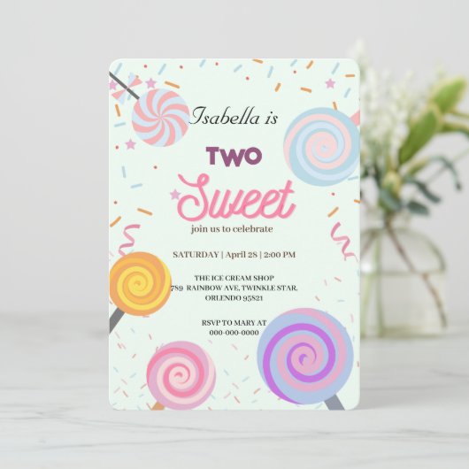 2つの甘い棒つきキャンデーと振りかける2ndバースデーガール 招待状 (スタンド正面)