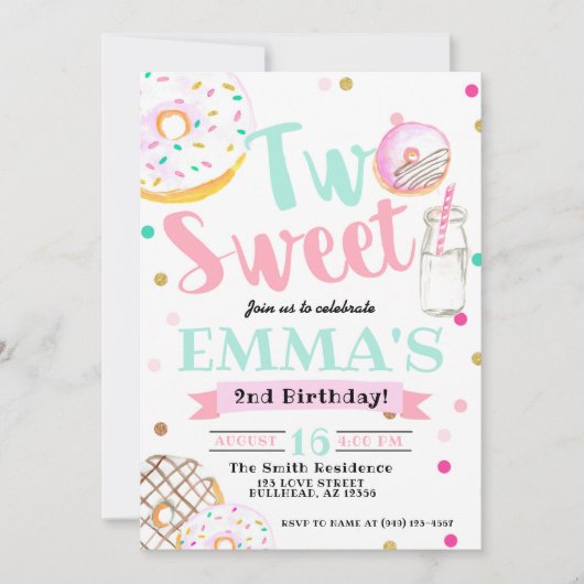 2つの甘い水の色のドーナツ2nd誕生日 招待状 (正面)