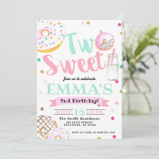 2つの甘い水の色のドーナツ2nd誕生日 招待状 (スタンド正面)