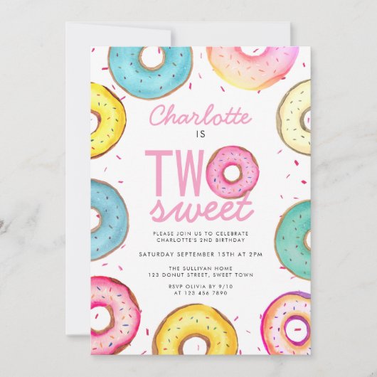 2つの甘い水の色のドーナツ2nd誕生日 招待状 (正面)