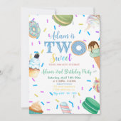 2つの甘い男の子ドーナツ青デザート2番目の誕生日 招待状 (正面)