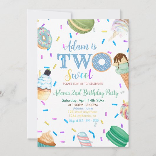 2つの甘い男の子ドーナツ青デザート2番目の誕生日 招待状 (正面)